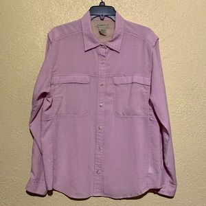 EXOfficio Top Blouse L Pink/Lavender Gingham Long Sleeve Buttons Vented Rayon